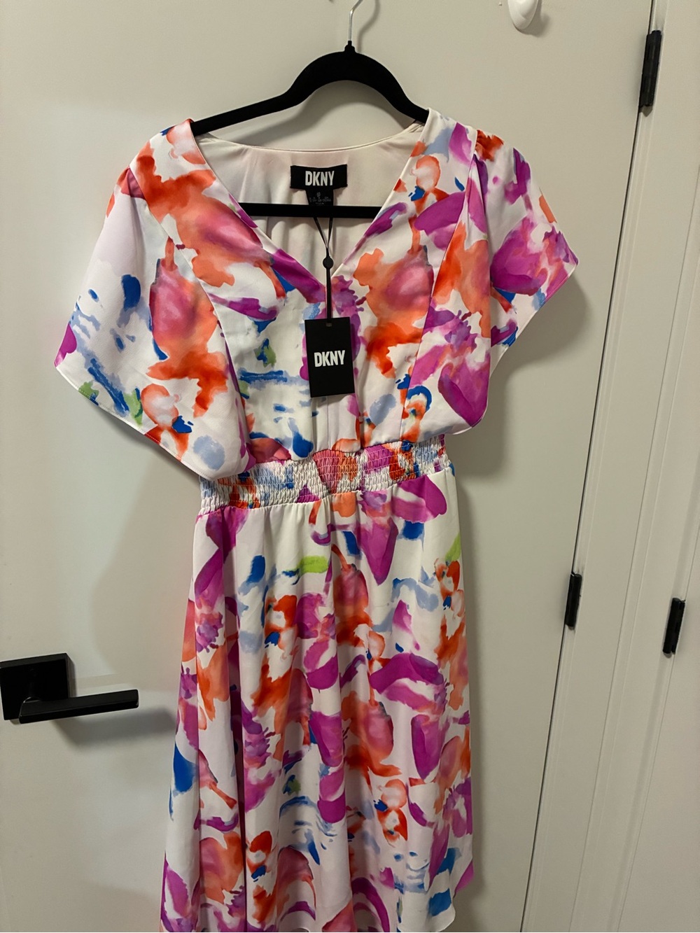 DKNY White Midi Dress with Pink, Orange and Blue Watercolor Print